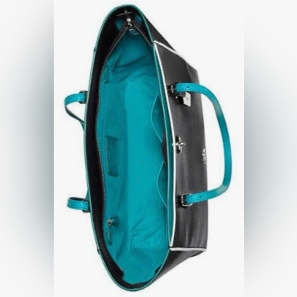 Coach Turnlock Tote bag Edgestain Leather Black Teal Turquoise L Handbag 38323